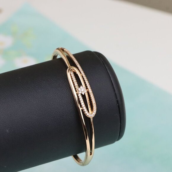 Rose Gold Bangle with Oval Loop and Center Flower Stone Accent, XPBL0546 - Picture 7 of 12